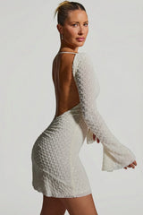 Embellished Open Back A Line Mini Dress in White