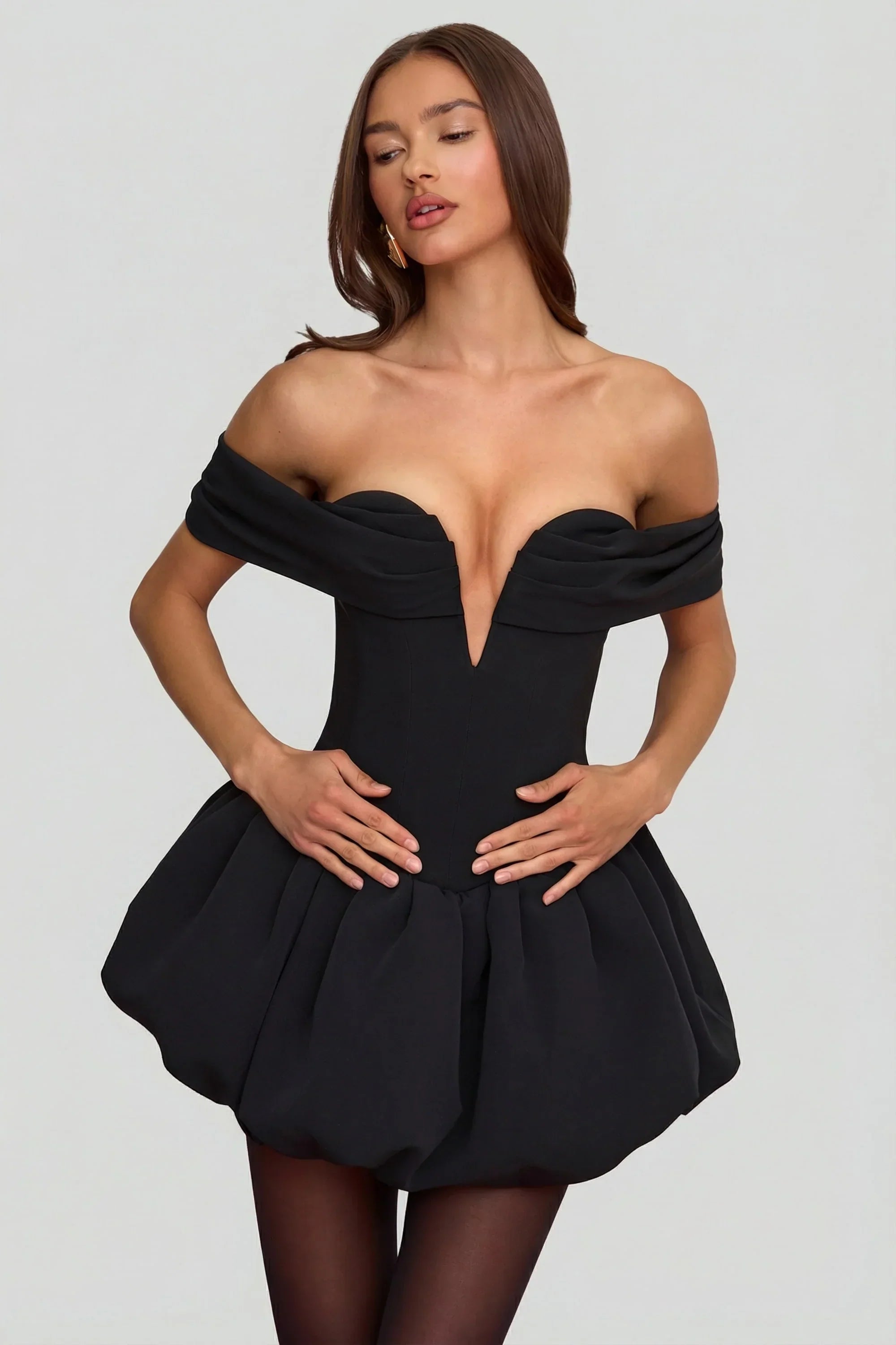Off Shoulder Layered Bubble Hem Corset Mini Dress in Black