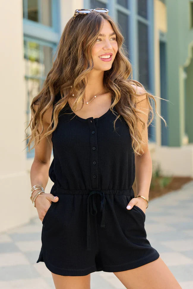 Casual Charm Black Button Front Romper