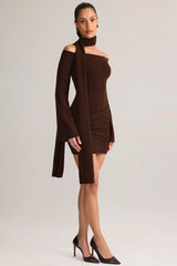 Knit Scarf Detail Off Shoulder Mini Dress in Chocolate Brown