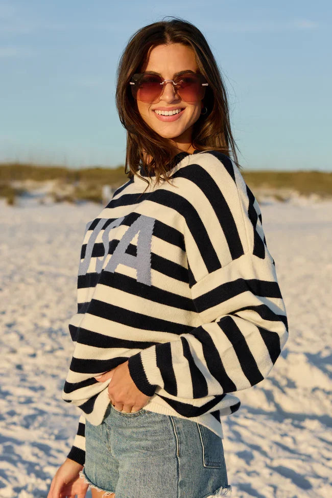 USA Navy And Ivory Striped Sweater