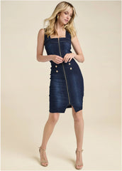 Zip Front Denim Dress Dark Wash