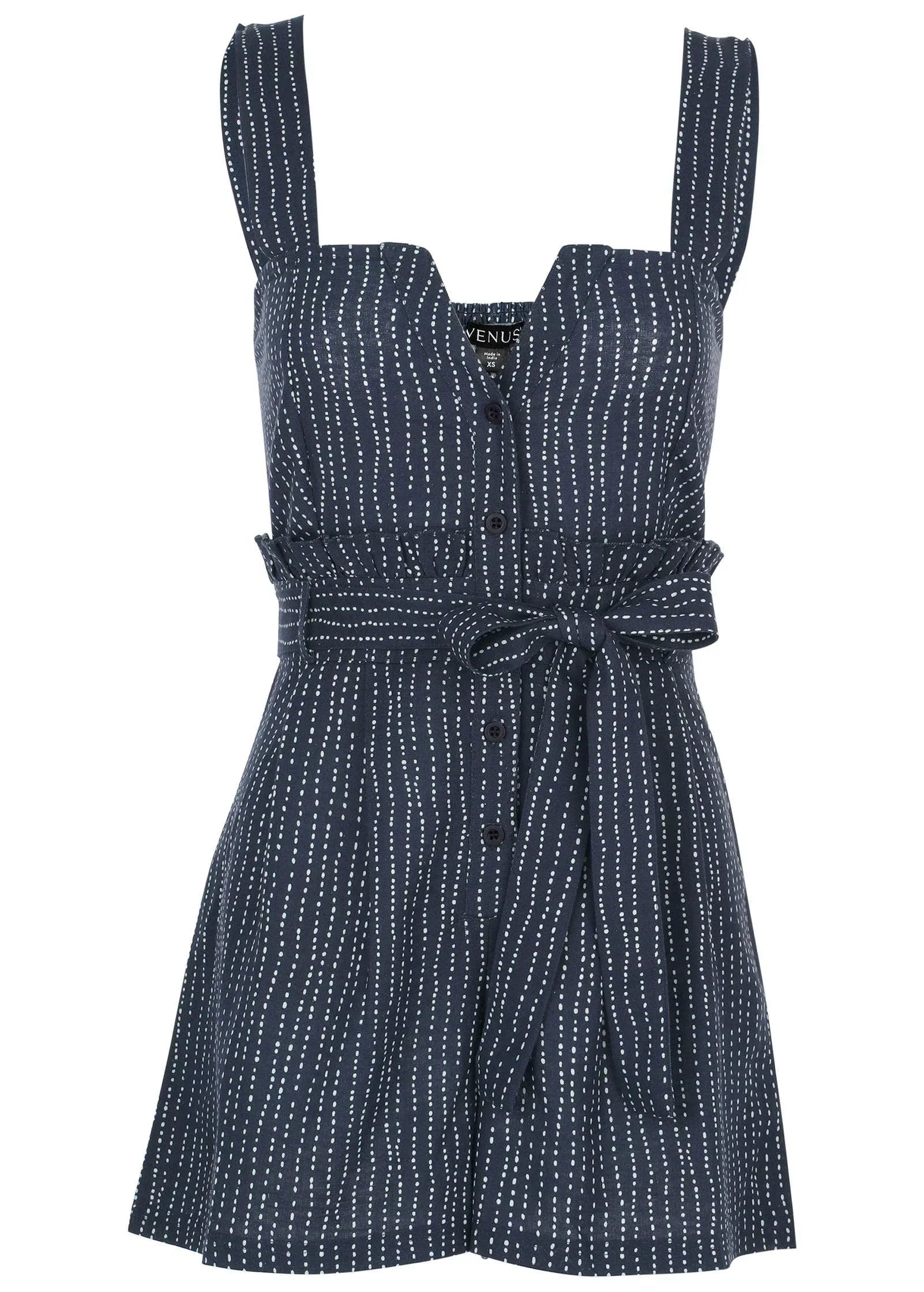 Casual Linen Romper Navy Dot Stripe