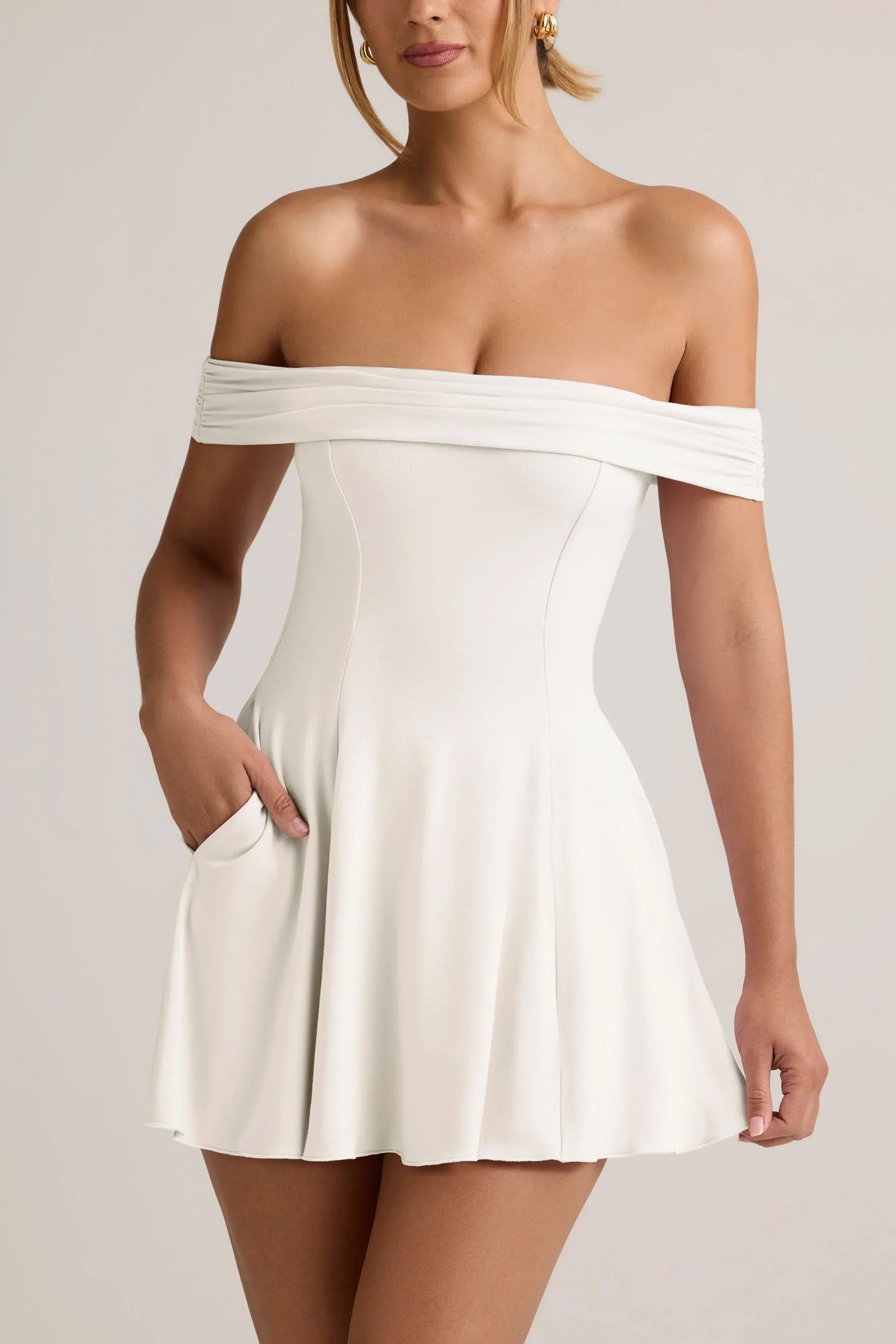 Modal Off Shoulder A Line Mini Dress in White