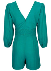 Linen Balloon Sleeve Romper Tropical Green