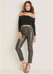 Faux Leather Straight Pants Brown