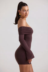 Modal Cashmere Blend Off Shoulder Ruched Mini Dress in Espresso