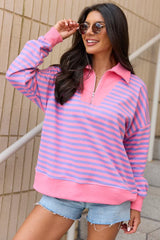 Keep It Easy Purple And Pink Striped Quarter Zip Pullover