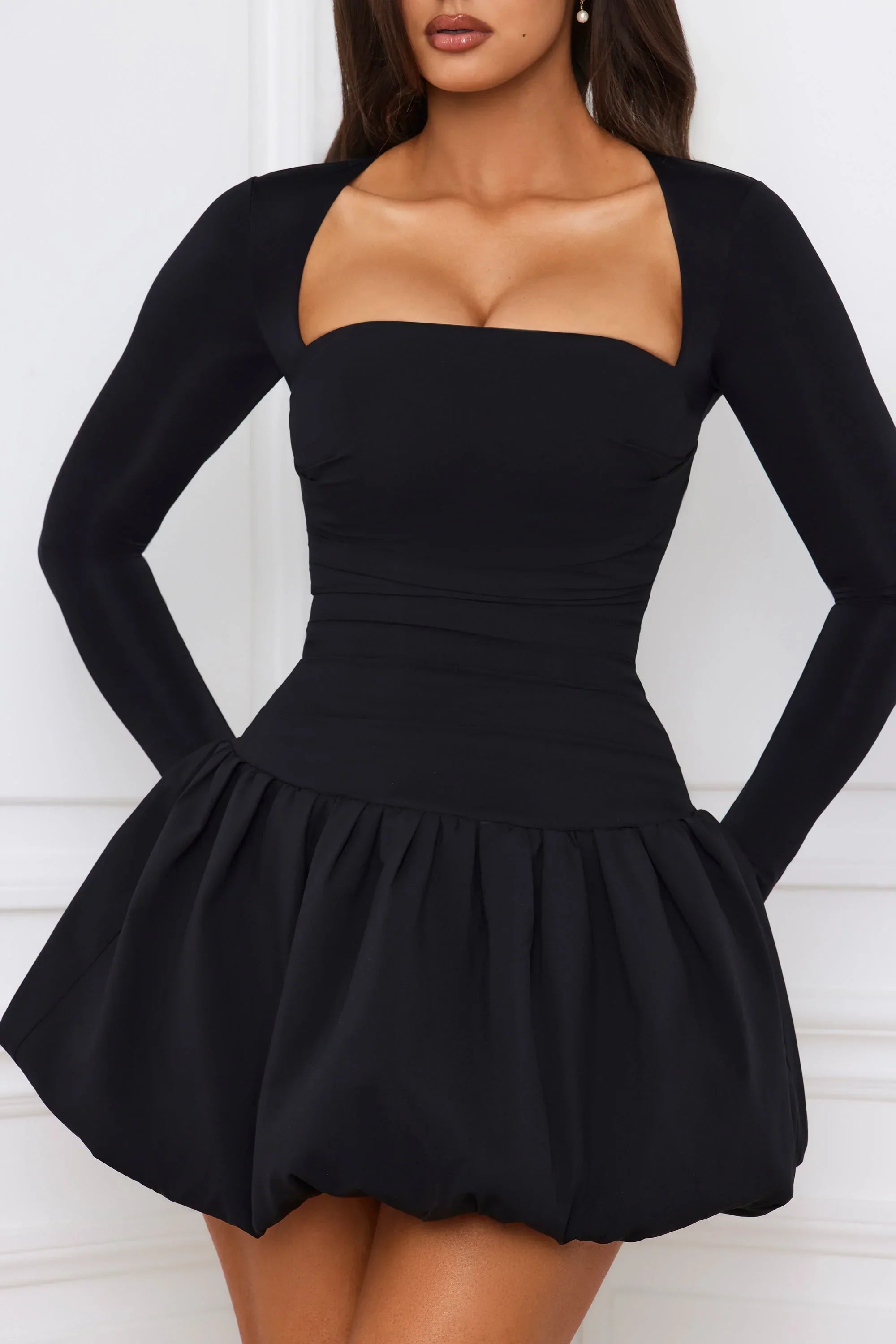 Long Sleeve Bubble Hem Mini Dress in Black