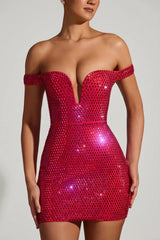 Embellished Off Shoulder Mini Dress in Crimson Red