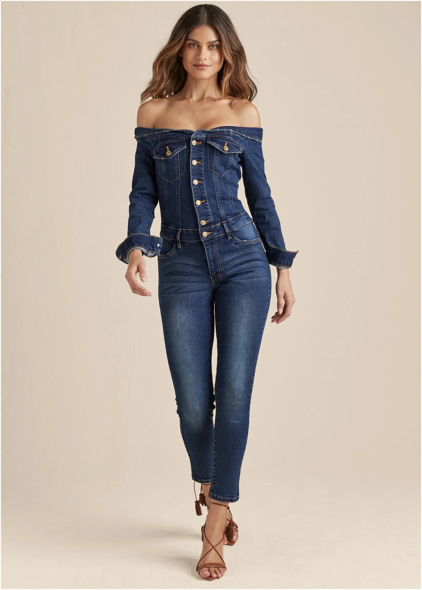 Off The Shoulder Denim Jumpsuit Dark Wash