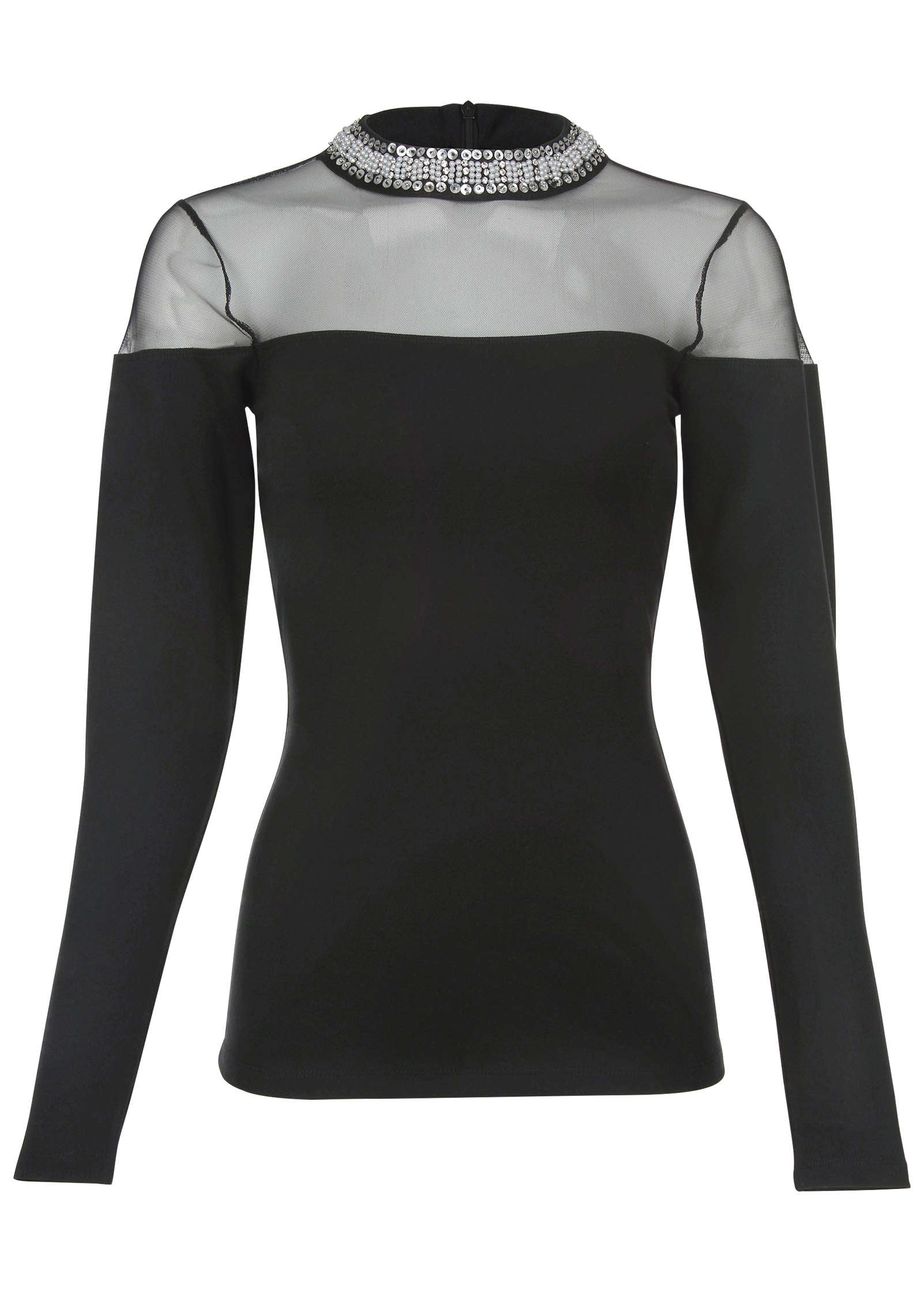 Embellished Neck Mesh Top Jet Black