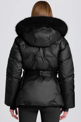Waterproof Faux Fur Hood Ski Jacket in Black