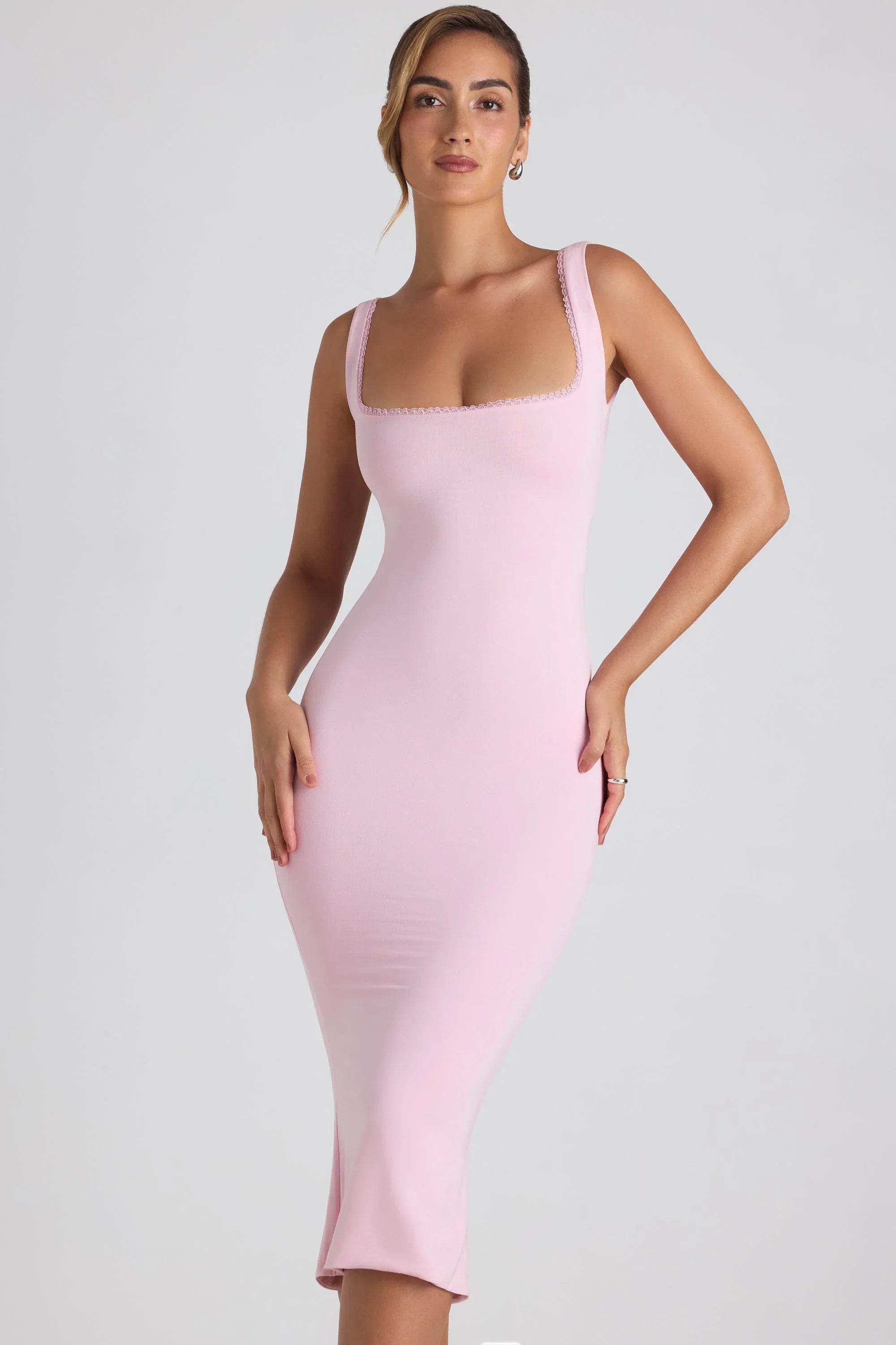 Modal Lace Trim Midaxi Dress in Soft Pink
