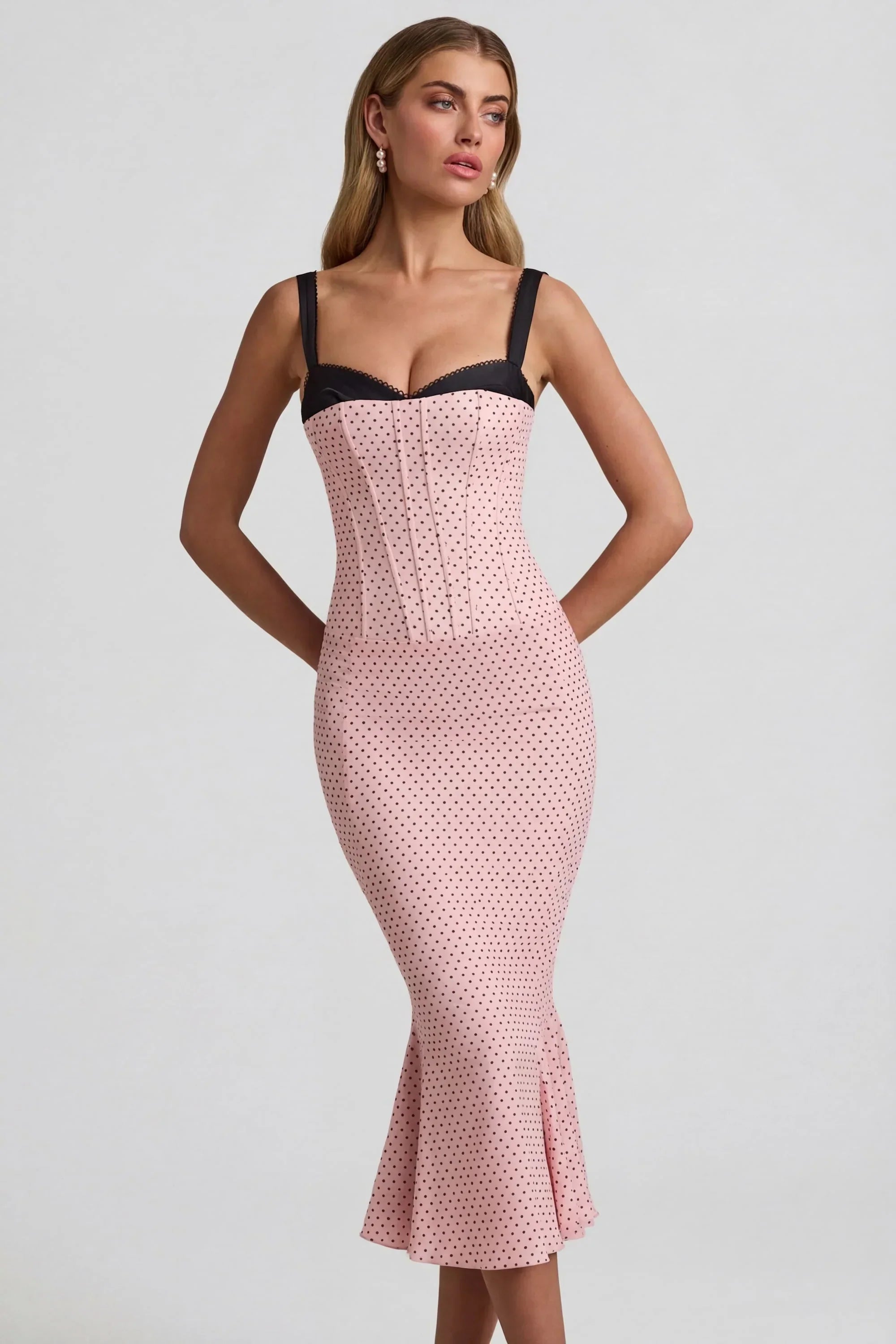 Layered Bra Detail Fishtail Midaxi Dress in Pink Polka Dot
