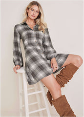 Brushed Plaid Dress White Black