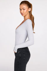 Ribbed Modal Long Sleeve Plunge Bodysuit in Grey