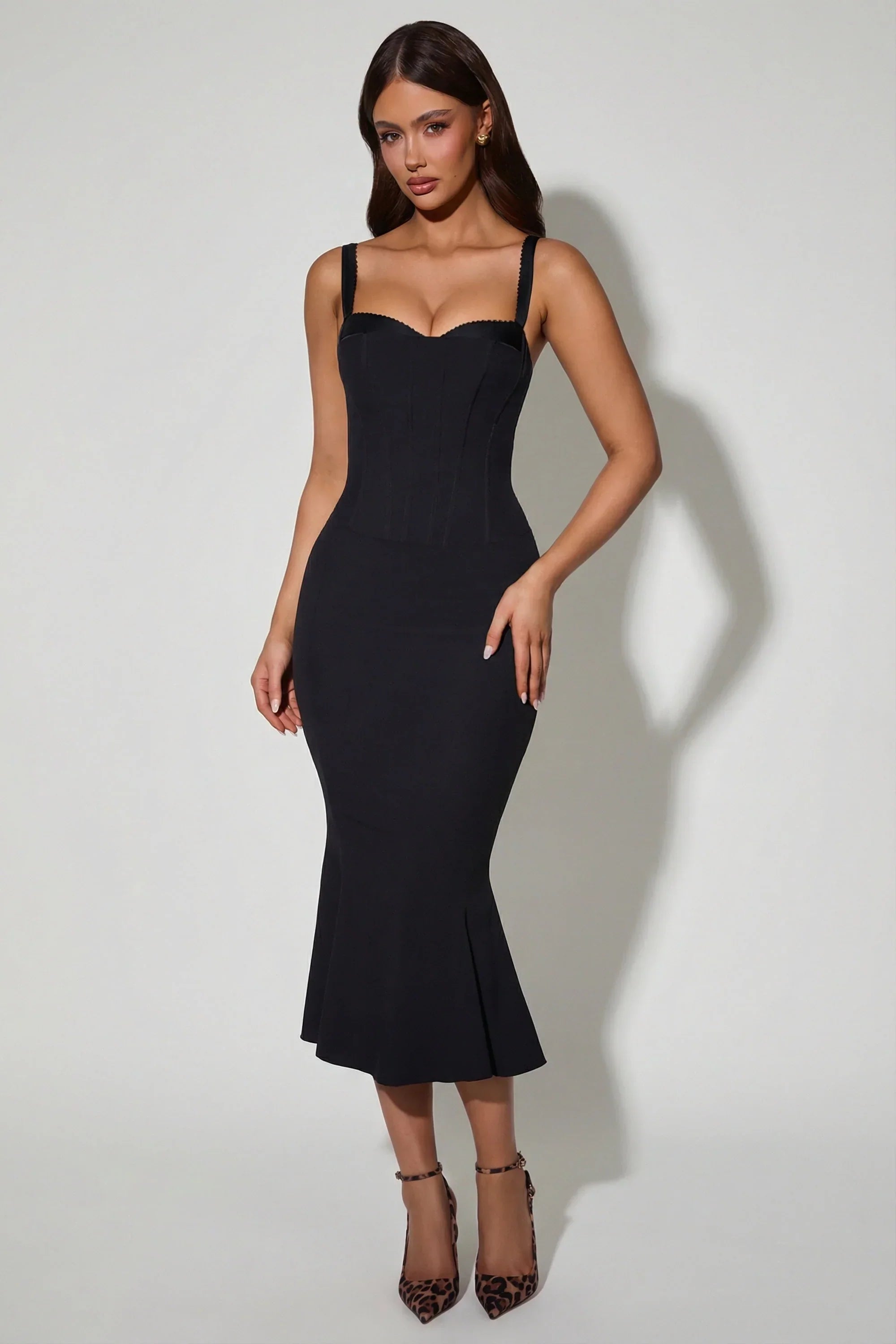Layered Bra Detail Fishtail Midaxi Dress in Black