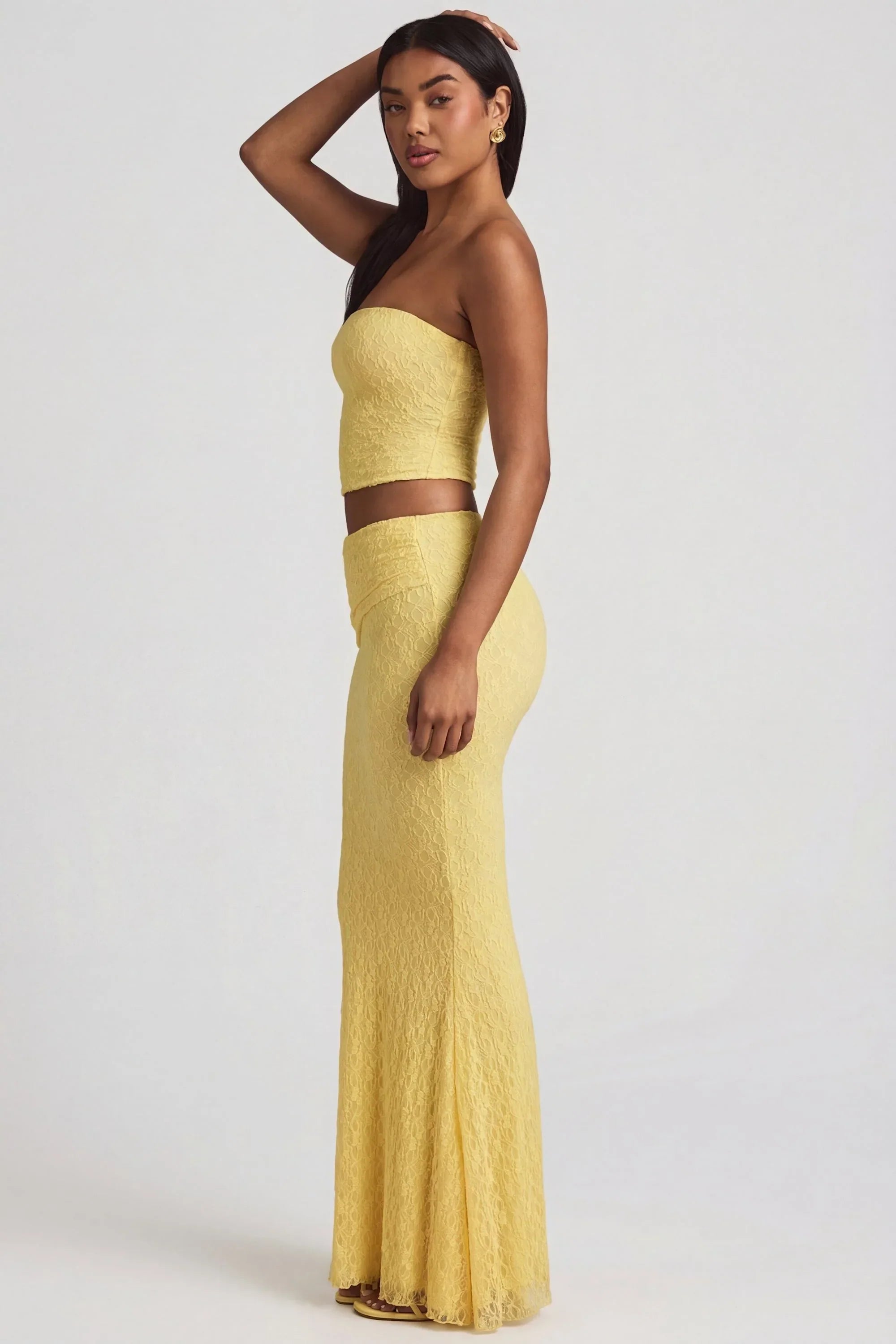 Draped Low Rise Lace Maxi Skirt in Pastel Yellow