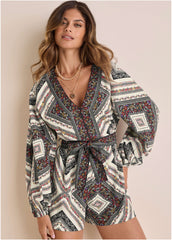 Linen Tie Waist Romper Summer Prairie Patchwork Floral