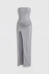 Embellished Bandeau Cowl Waist Maxi Dress in Silver