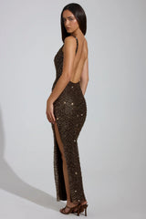 Embellished Scoop Neck Thigh Split Maxi Dress in Brown