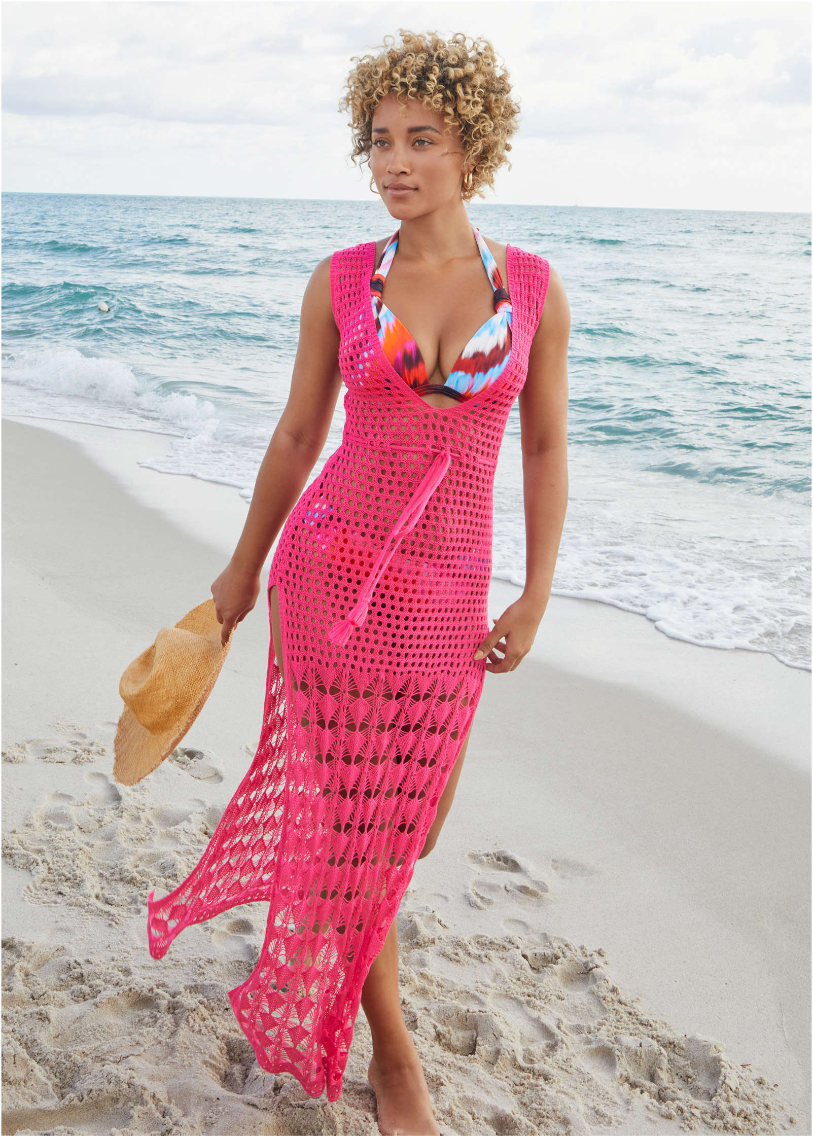 Crochet Maxi Cover Up Dress Fuchsia