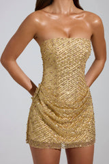 Embellished Bandeau A Line Mini Dress in Gold