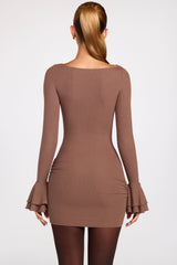 Ribbed Modal Long Sleeve Draped Mini Dress in Mocha