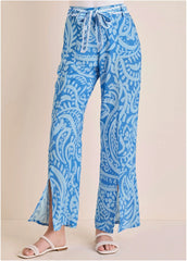 Front Slit Printed Pant Blue Allover Spring Paisley