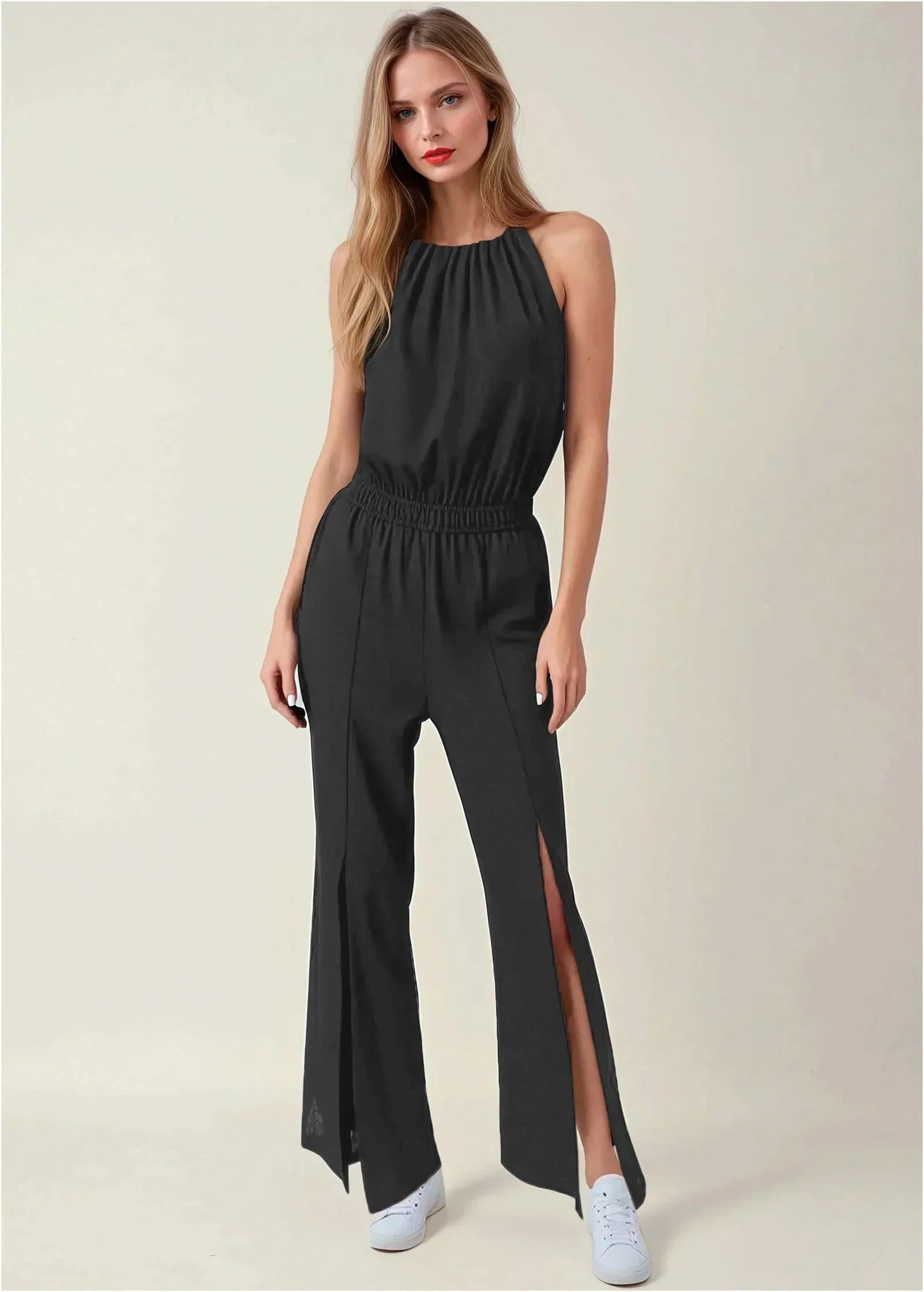 Linen Front Slit Jumpsuit Jet Black