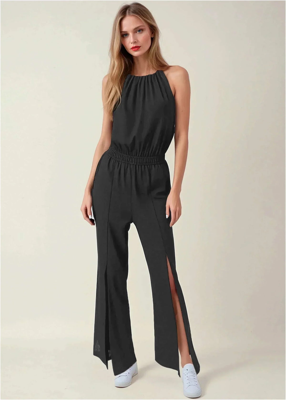 Linen Front Slit Jumpsuit Jet Black