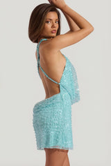 Embellished Cowl Neck Backless Mini Dress in Aqua Blue