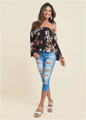 Bell Sleeve Printed Top Black Multi
