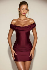 Satin Off Shoulder Draped Mini Dress in Wine Red