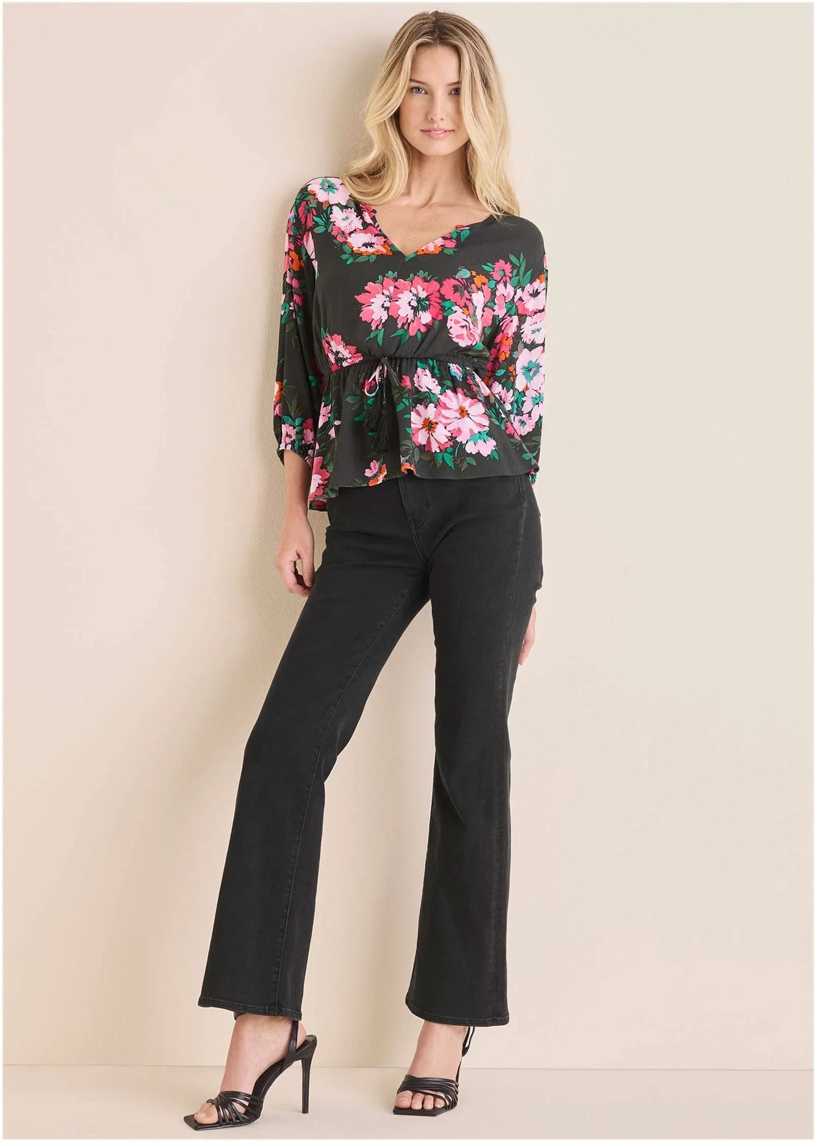 Tie Waist Blouson Top Black Crisp Bouquet