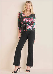 Tie Waist Blouson Top Black Crisp Bouquet