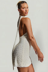 Embellished Scarf Detail Halterneck Mini Dress in White