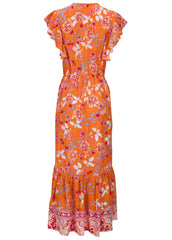 Flutter Sleeve Midi Dress Orange Multi