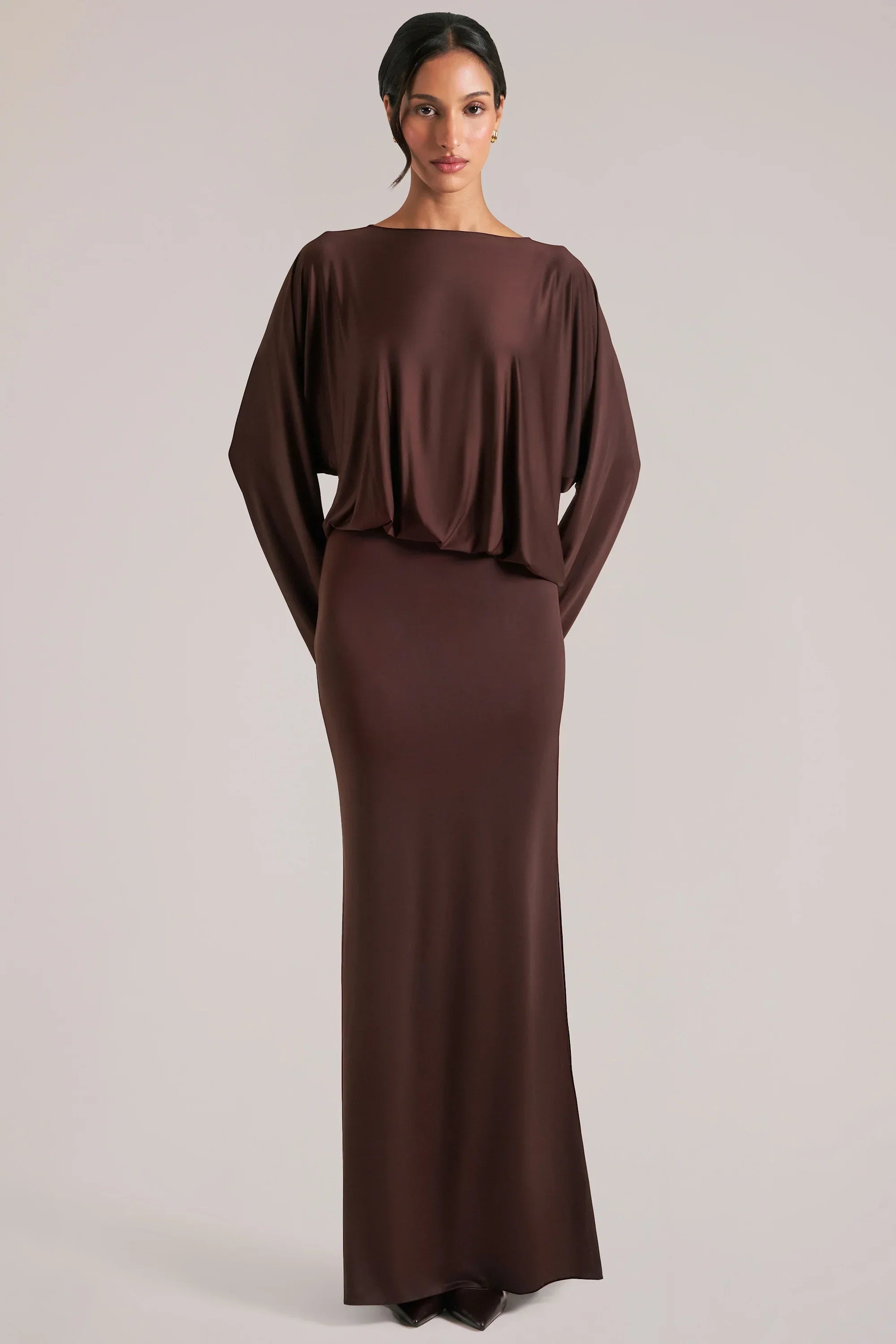 Long Sleeve Draped Maxi Dress in Chocolate Brown