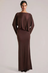 Long Sleeve Draped Maxi Dress in Chocolate Brown