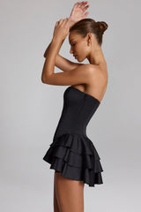 Ruffled Lace Up Corset Playsuit in Black