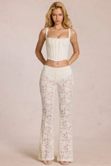 Sheer Lace Mid Rise Flared Trousers in Pearl