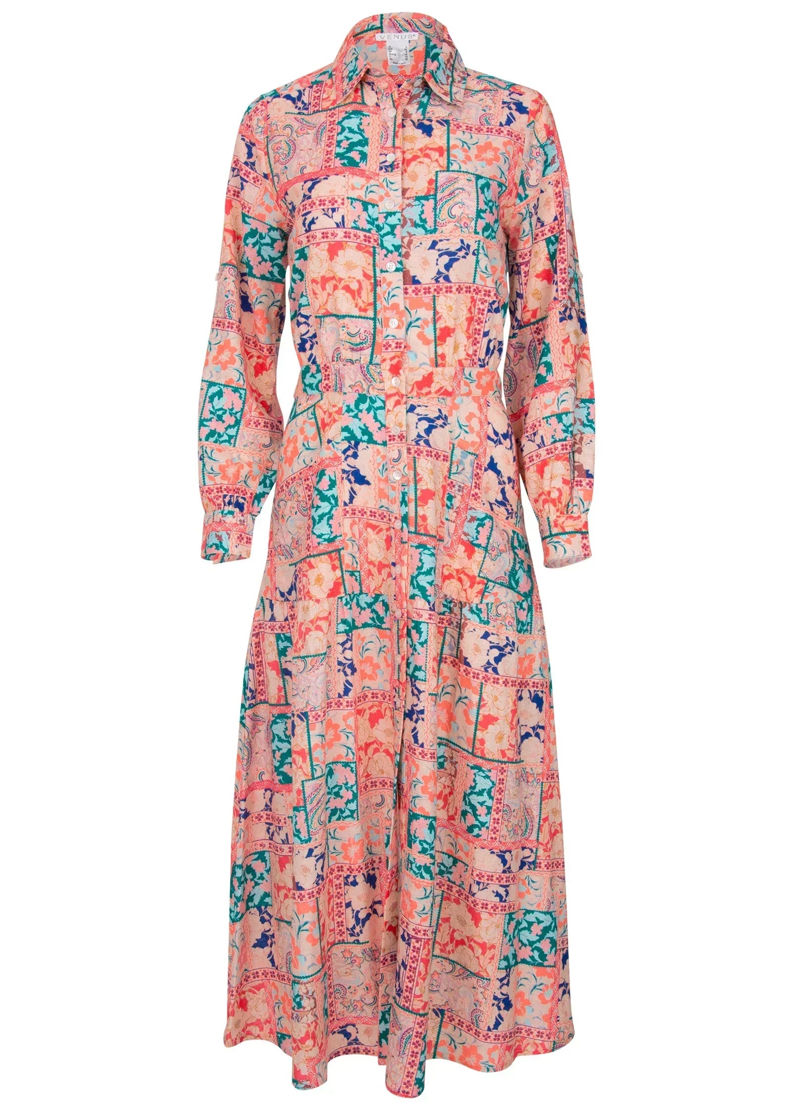 Cotton Linen Shirt Midi Dress Venetian Patchwork