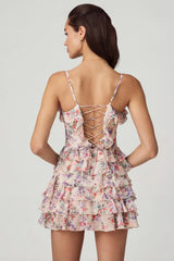 Ruffled Lace Up A Line Mini Dress in Primrose Floral Print