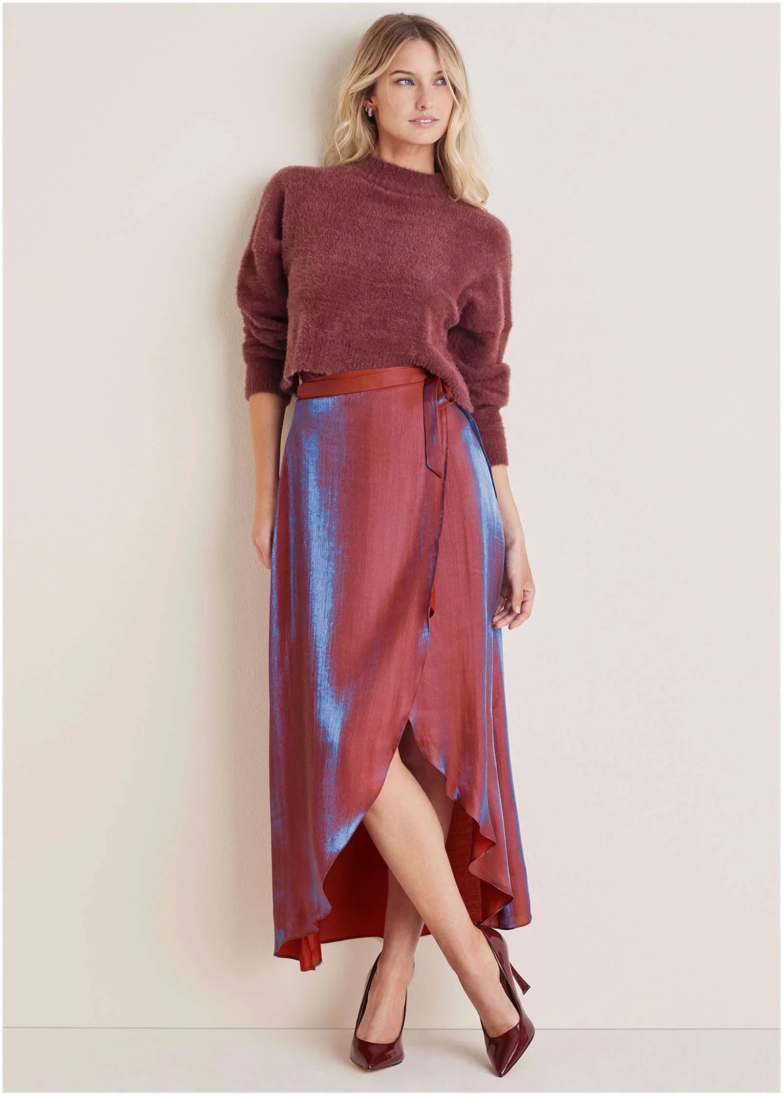 LamÃ Wrap Maxi Skirt Burgundy Lame