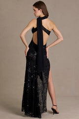 Sequin Lace Scarf Detail Maxi Dress in Black