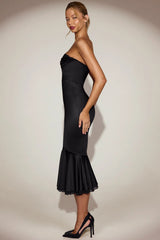 Satin Lace Trim Bandeau Fluted Midaxi Dress in Black