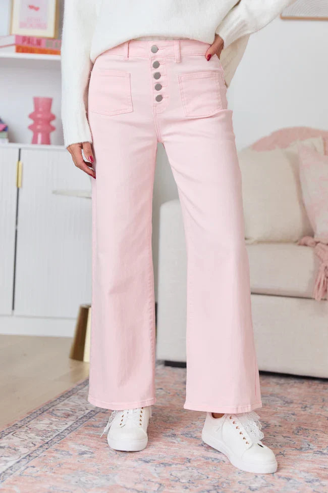 Sutton Pink Wide Leg Patch Pocket Jeans