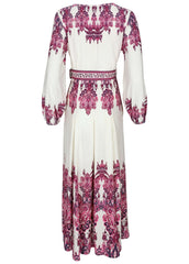 Tie Waist Linen Maxi Dress Pink Boho Paisley Border